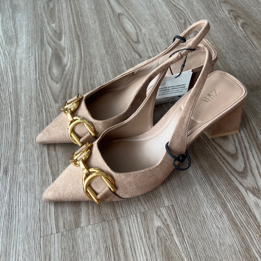 NWT Zara nude slingback horsebit heels
